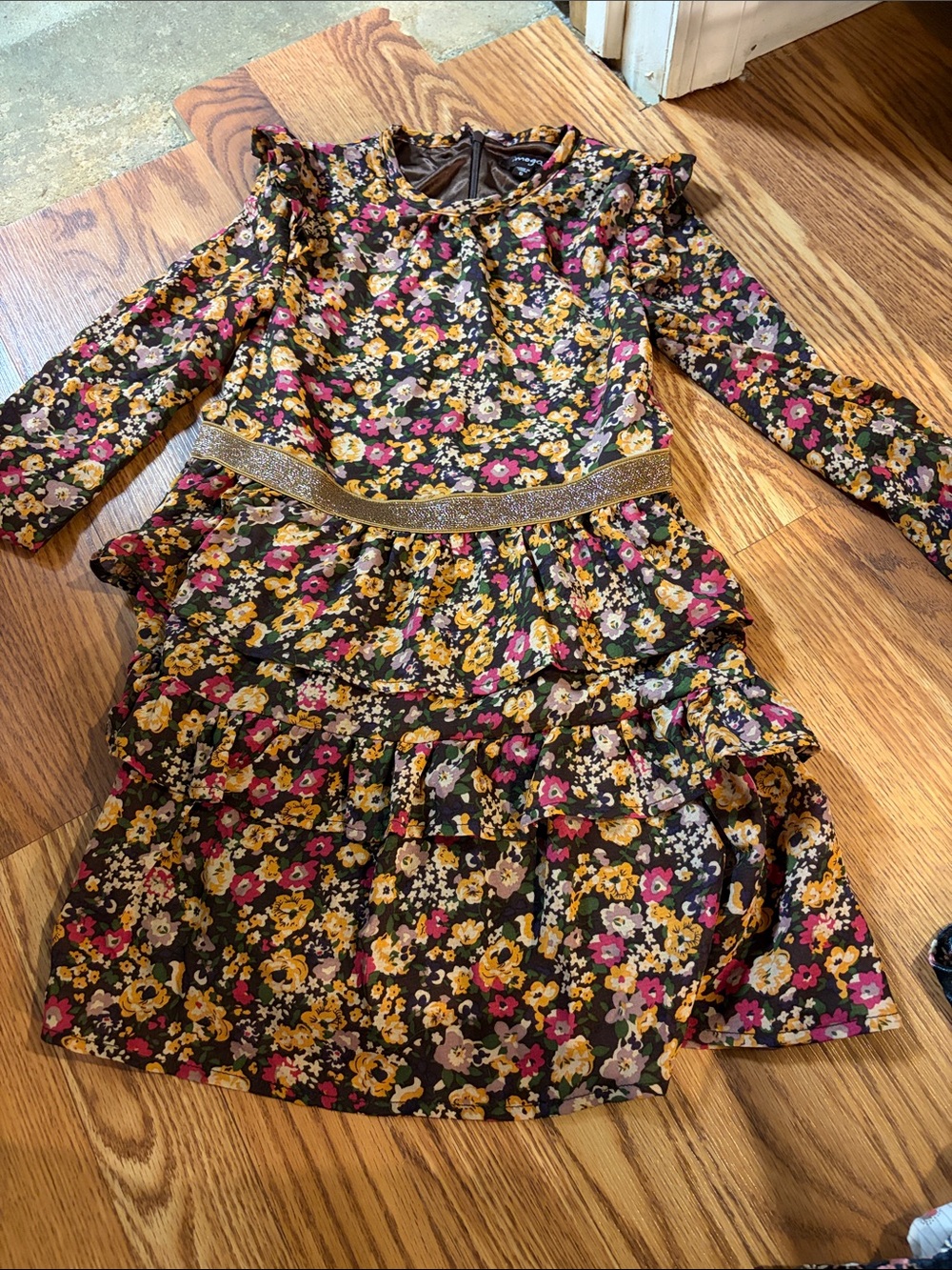 Imoga Girls Black Floral Ruffled Formal Dress with Gold Belt